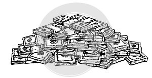 Big pile of money american dollar bills. Sketch illustration. vector illustration, heap of cash, pack, packet, parcel