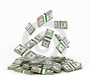 Big pile of money american dollar bills on white background 3d illustration