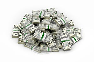 Big pile of money american dollar bills on white background 3d illustration