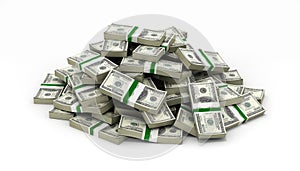 Big pile of money american dollar bills on white background 3d