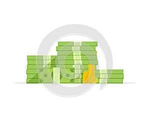 Big pile of money and coins, heap of cash flat cartoon style. Vector illustration.