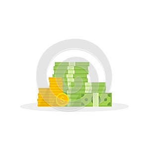 Big pile of money and coins, heap of cash flat cartoon style. Vector illustration.