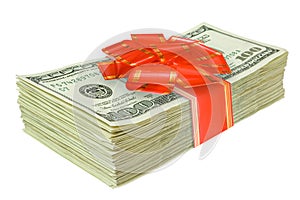 Big pile of money with gift. American dollars surprise. png transparent