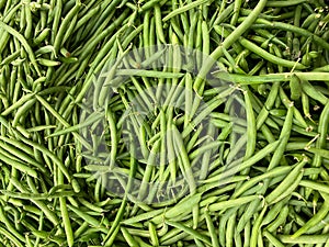 Big pile of organic green beans and farmers market grocers fresh produce stand