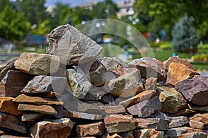 Big pile of rocks and stones in the park