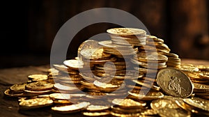 Big pile of shiny golden coins in dark background. Neural network ai generated photo