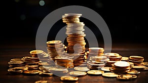 Big pile of shiny golden coins in dark background. Neural network ai generated photo
