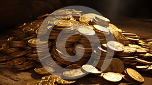 Big pile of shiny golden coins in dark background. Neural network ai generated photo