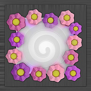 Big pink blossom square frame on metallic surface