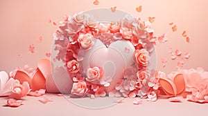 Big pink heart in floral frame paper cut effect in trendy peachy pink color shades. Valentine\'s day love mother\'s day