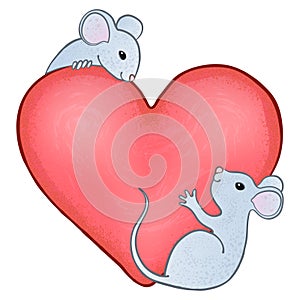 On a big pink heart, two cute mice look at each other.