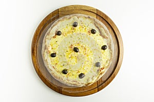 Big pizza with mozzarella and green olives on white background