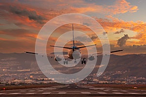 Big plane landing during sunset