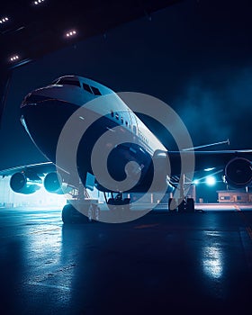 Big plane in night airport. Traveling flight aviation transport. Generative AI
