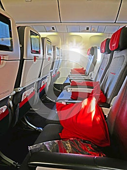 Big plane seats just before loading passengers. Big trip expectations.