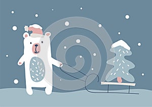 Big polar bear carries a sled with Christmas tree. Horizontal banner, Christmas Card, Seasons greetings. Vector