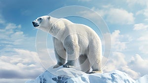 Big polar bear on a glacier, sky in the background. Melting iceberg and global warming. Concept climate change, melting glaciers