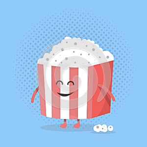 Big popcorn box face. Character with legs and hands. Flat design style. Vector illustration