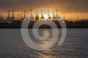 Big port of Hamburg in the sunset