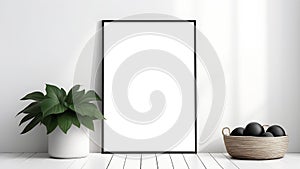 Big poster mockup, home wall art, picture mock up in frame, standing on floor, potted plant