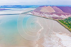 Big potash waste mounts, aerial ladnscape. Ecological problems