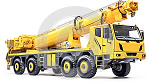 Big power yellow mobile crane isolated on white background.