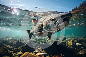 big predatory freshwater fish swims underwater in lake