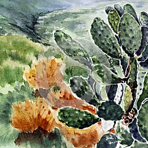Big prickly pear cactus closeup in the foreground against the background with bushes and a slope. Hand drawn watercolors on paper