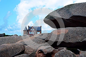 Big private chateau at Pink Granite Coast or Cote de Granite Rose in Brittany, France