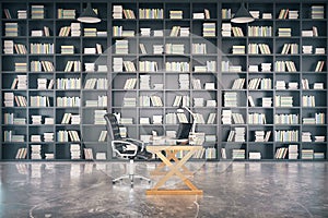 Big private library with glassy table and concrete floor, 3D Render