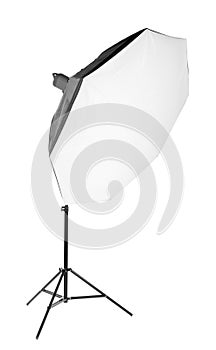 A big professional octobox, isolated on a white background. Studio equipment and lighting. The octobox with a flashlight.