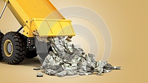 Big profit concept packs of dollar bills fall out of the truck 3d render on color gradient