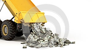 Big profit concept packs of dollar bills fall out of the truck 3d render on white