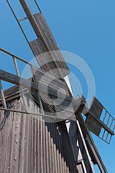 Big propeller of old wooden windmill.