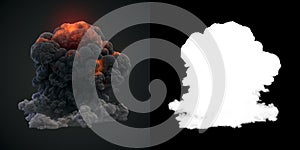 Big puff of dark smoke and ball of fire with alpha channel. 3d rendering