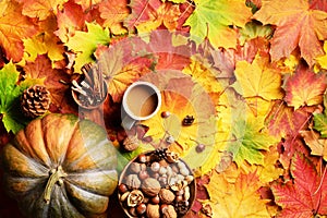 Big pumpkin, wooden bowl of nuts, coffee cup, cone, cinnamon over beige plaid and colorful leaves background. Autumn flat lay.