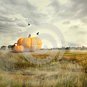 Big pumpkins in a field