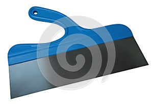 Big putty knife with blue handle  on a white background isolated