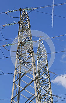 Big pylon of the high voltage electric cables in power station