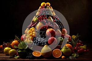 Big pyramid of different fresh juicy tasty fruits, AI Generated