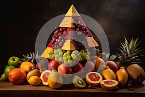 Big pyramid of different fresh juicy tasty fruits, AI Generated