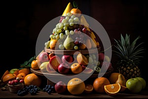 Big pyramid of different fresh juicy tasty fruits, AI Generated