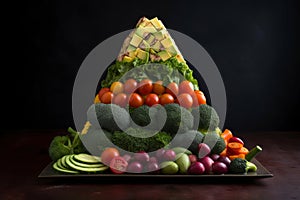 Big pyramid of different fresh juicy tasty fruits, AI Generated