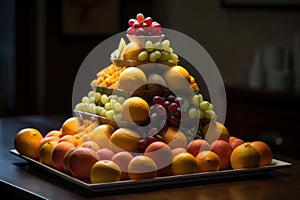 Big pyramid of different fresh juicy tasty fruits, AI Generated