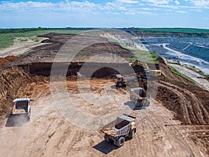Big quarry, stone mining, equipment for working in quarries, aerial view.