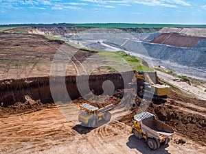 Big quarry, stone mining, equipment for working in quarries, aerial view.