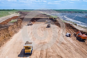 Big quarry, stone mining, equipment for working in quarries, aerial view.