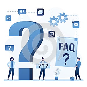 Big question mark. Business women have many questions and need help. Male manager with faq or paper user guide. Help line,