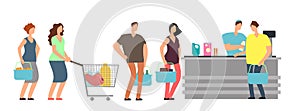 Big queue shopping people at cash desk with cashier in supermarket cartoon vector illustration