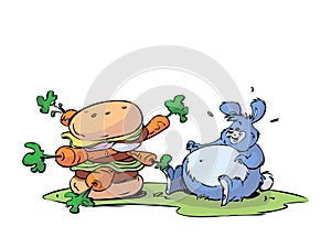 Big rabbit eating hamburger
